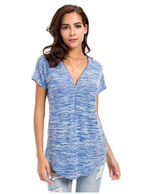 LUSMAY Womens Loose Fitting Zip Up Deep V Neck Short Sleeve Tops Tunic Casual T Shirts Blouse