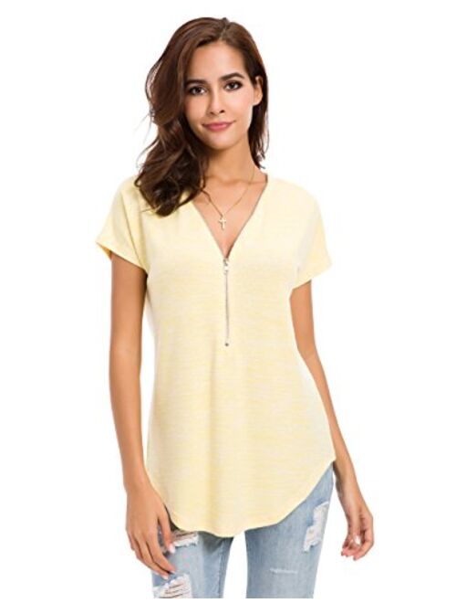 LUSMAY Womens Loose Fitting Zip Up Deep V Neck Short Sleeve Tops Tunic Casual T Shirts Blouse