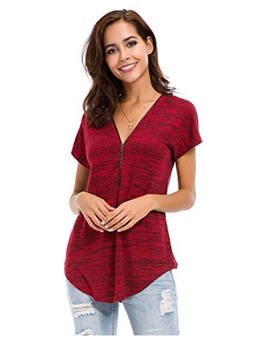 LUSMAY Womens Loose Fitting Zip Up Deep V Neck Short Sleeve Tops Tunic Casual T Shirts Blouse