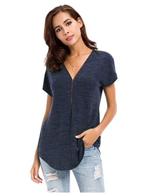 LUSMAY Womens Loose Fitting Zip Up Deep V Neck Short Sleeve Tops Tunic Casual T Shirts Blouse