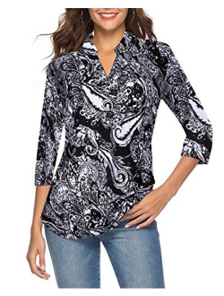 CEASIKERY Women's 3/4 Sleeve V Neck Tops Casual Tunic Blouse Loose Shirt