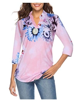 CEASIKERY Women's 3/4 Sleeve V Neck Tops Casual Tunic Blouse Loose Shirt