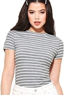 Women's Casual Multi Striped Ribbed Short Sleeve Tee Knit Top