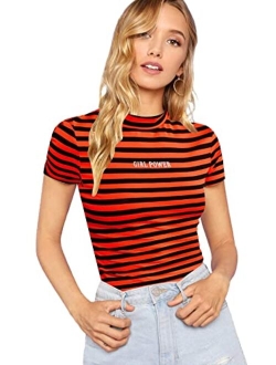 Women's Casual Multi Striped Ribbed Short Sleeve Tee Knit Top