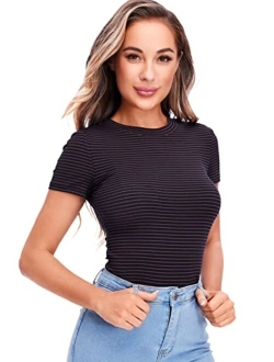 Women's Casual Multi Striped Ribbed Short Sleeve Tee Knit Top