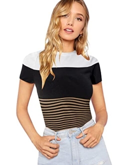 Women's Casual Multi Striped Ribbed Short Sleeve Tee Knit Top