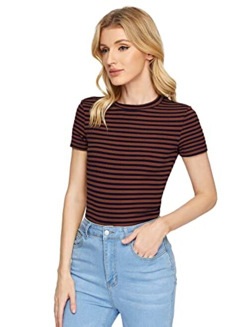 Milumia Women's Casual Multi Striped Ribbed Short Sleeve Tee Knit Top