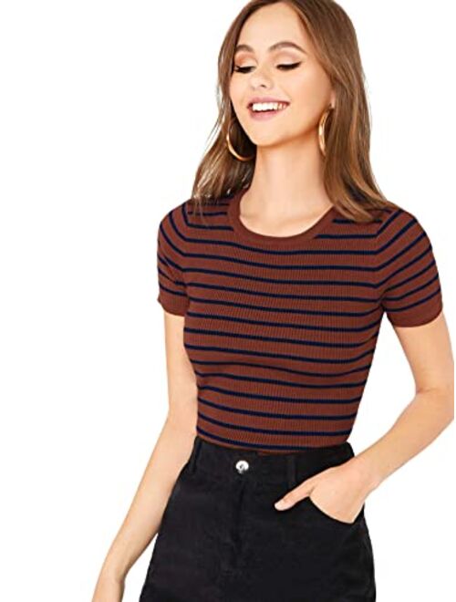 Milumia Women's Casual Multi Striped Ribbed Short Sleeve Tee Knit Top