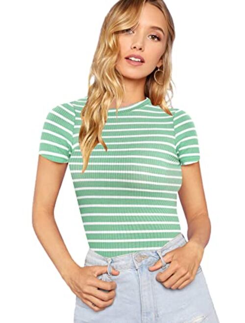 Milumia Women's Casual Multi Striped Ribbed Short Sleeve Tee Knit Top
