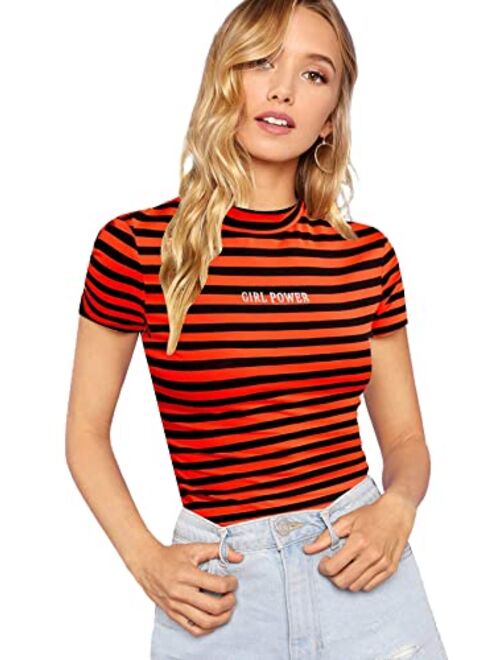 Milumia Women's Casual Multi Striped Ribbed Short Sleeve Tee Knit Top