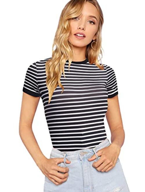 Milumia Women's Casual Multi Striped Ribbed Short Sleeve Tee Knit Top