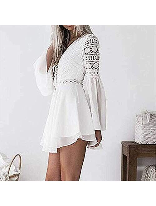 SPANX Lace Dresses for Women Boho Dress Crochet High Waisted Solid Color Elegent Ruffle Short Dress