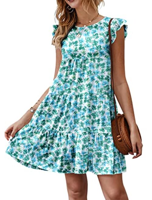 KIRUNDO 2020 Womens Summer Mini Dress Sleeveless Ruffle Sleeve Round Neck Solid Color Loose Fit Short Flowy Pleated Dress