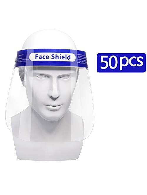 US STOCK50 Pcs Safety Face Shield Reusable Full Face Transparent Breathable Visor Windproof Dustproof Hat Shield Protect Eyes And Face With Protective Clear Film Elastic 