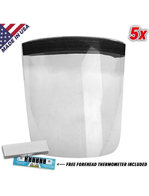 Face Shield Anti Splash & Fog Resistant PETE To Protect Face (Made in USA) (5) Pack: Includes 1 Forehead Thermometer