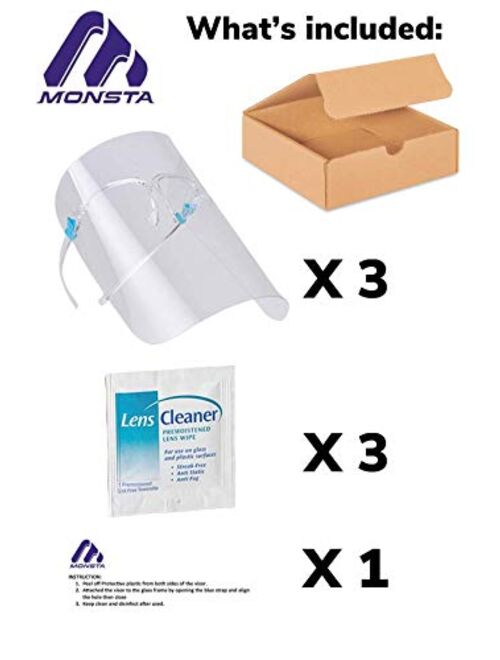 Monsta (Pack of 3) Safety Face Shield And Lens Cleanser Wipes Full Face Shield Anti Splash Eye Face Protection Anti-Saliva Protective Glasses Personal Protective Equipmen