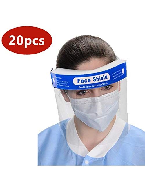 20pcs Full Face Shield,Protective Face Shield Anti Splash and Saliva Clear Film Protect Face and Eyes with Adjustable Band and Comfort Sponge