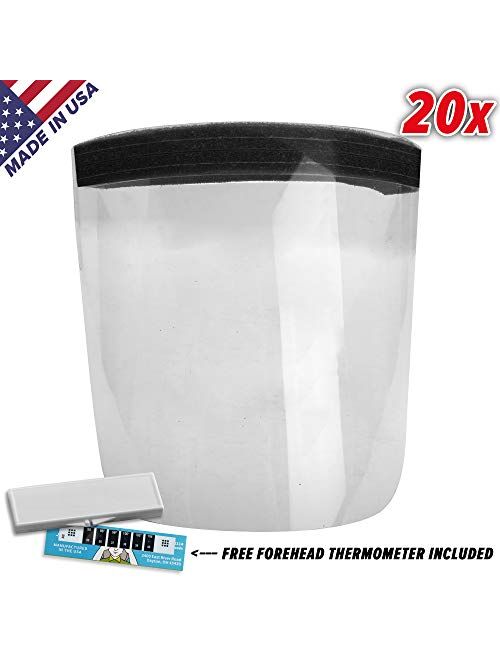 Face Shield Anti Splash & Fog Resistant PETE To Protect Face (Made in USA) (20) Pack: Includes 1 Forehead Thermometer