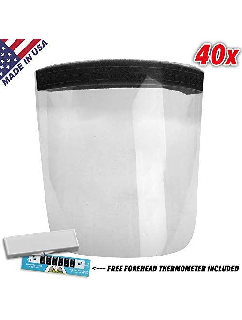 Face Shield Anti Splash & Fog Resistant PETE To Protect Face (Made in USA) (40) Pack: Includes 1 Forehead Thermometer