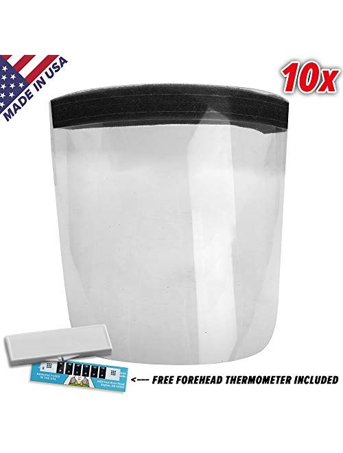 Face Shield Anti Splash & Fog Resistant PETE To Protect Face (Made in USA) (10) Pack: Includes 1 Forehead Thermometer