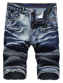 Lavnis Men's Casual Denim Shorts Classic Fit Ripped Jeans Biker Shorts