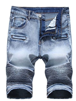 Lavnis Men's Casual Denim Shorts Classic Fit Ripped Jeans Biker Shorts