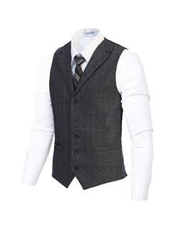 Men's 5 Button Tailored Collar Slim Fit Formal Herringbone Tweed Suit Vest