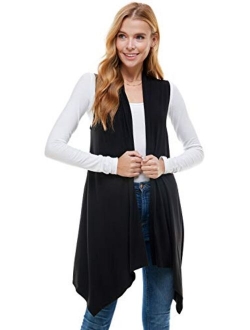 Azules Women's Solid Color Sleeveless Asymetric Hem Open Front Cardigan