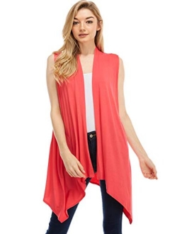 Azules Women's Solid Color Sleeveless Asymetric Hem Open Front Cardigan