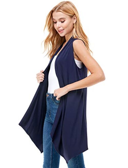 Azules Women's Solid Color Sleeveless Asymetric Hem Open Front Cardigan