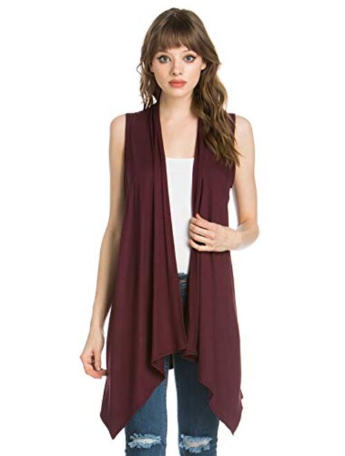 Azules Women's Solid Color Sleeveless Asymetric Hem Open Front Cardigan