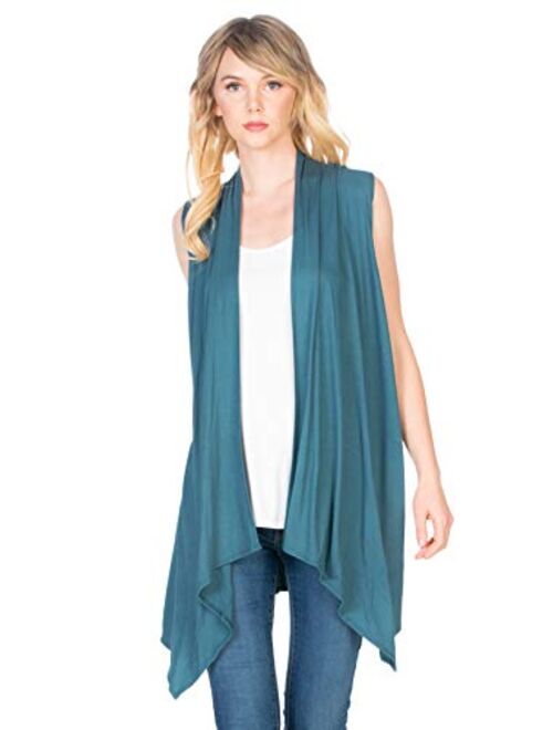 Azules Women's Solid Color Sleeveless Asymetric Hem Open Front Cardigan