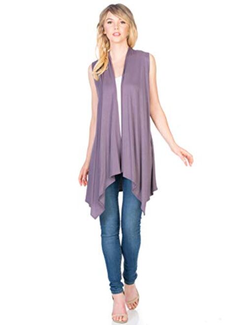 Azules Women's Solid Color Sleeveless Asymetric Hem Open Front Cardigan