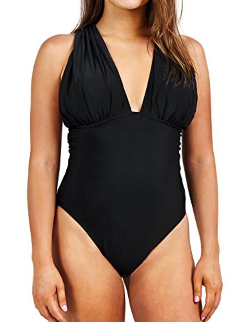 CUPSHE Women's Deep Feelings Cross One-Piece Swimsuit Solid Black Bathing Suit