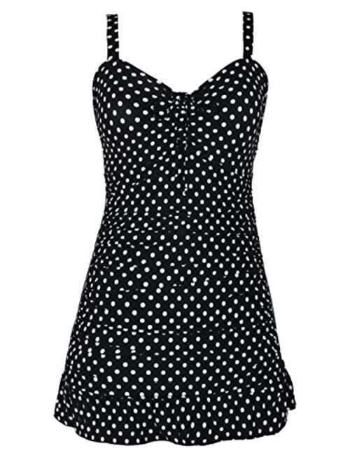 Septangle Women's One Piece Polka Dot Body Shaping Ruffled Hem Swimdress