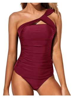 Women Tankini Ruched One Shoulder Tummy Control Top High Neck Swimsuits