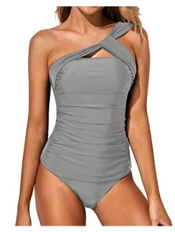 Women Tankini Ruched One Shoulder Tummy Control Top High Neck Swimsuits