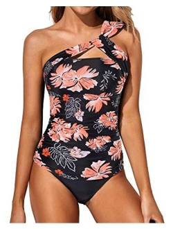 Women Tankini Ruched One Shoulder Tummy Control Top High Neck Swimsuits