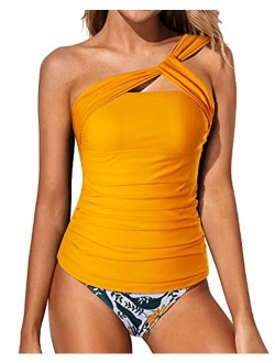 Women Tankini Ruched One Shoulder Tummy Control Top High Neck Swimsuits