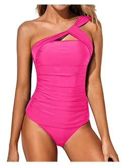 Women Tankini Ruched One Shoulder Tummy Control Top High Neck Swimsuits