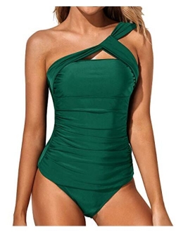 Women Tankini Ruched One Shoulder Tummy Control Top High Neck Swimsuits