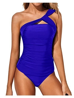 Women Tankini Ruched One Shoulder Tummy Control Top High Neck Swimsuits