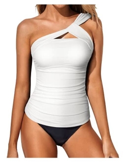 Women Tankini Ruched One Shoulder Tummy Control Top High Neck Swimsuits