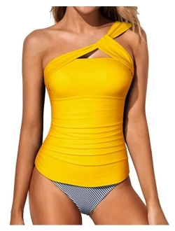 Women Tankini Ruched One Shoulder Tummy Control Top High Neck Swimsuits