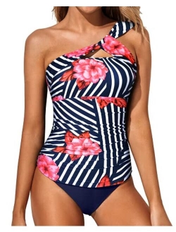 Women Tankini Ruched One Shoulder Tummy Control Top High Neck Swimsuits