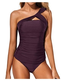 Women Tankini Ruched One Shoulder Tummy Control Top High Neck Swimsuits