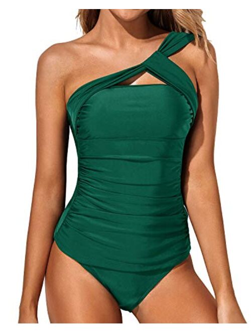 Tempt Me Women Tankini Ruched One Shoulder Tummy Control Top High Neck Swimsuits