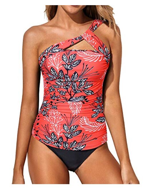 Tempt Me Women Tankini Ruched One Shoulder Tummy Control Top High Neck Swimsuits