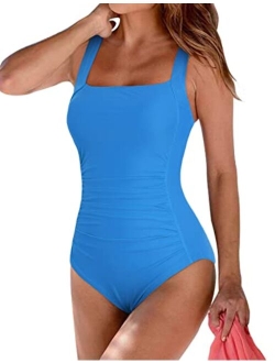 Women's Black One Piece Bathing Suit Ruched Tummy Control Swimsuit