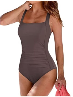 Women's Black One Piece Bathing Suit Ruched Tummy Control Swimsuit